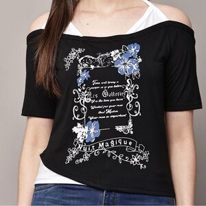 SHEIN Black Off-Shoulder Graphic Halter Tie Women's Top